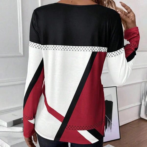 Kadın bluzları Düzenli uyum Kadınlar Uzun kollu tişört geometrik baskı patchwork yuvarlak boyun bluzu yumuşak nefes alabilen bahar üst sonbahar