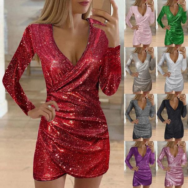 Casual Kleider Weibliche Kleid Sexy Pailletten V-ausschnitt Ballkleid Langarm Selbst Kultivierung Damen Party Schlanke Frau Kleidung