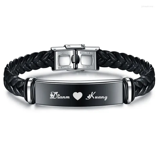 Link Armbänder Männer luxuriöses handgewebte Lederarmband Customized Logo Name Edelstahl Frauen Punkschmuck Geschenk an Ehemann Freunde