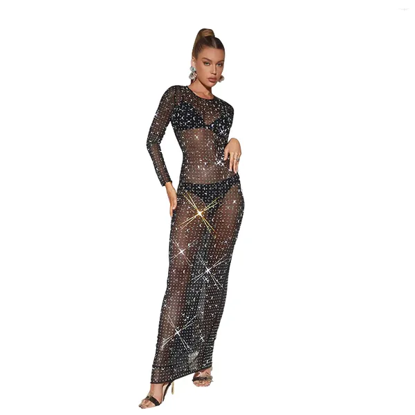 Casual Kleider Mesh Sehen Durch Maxi Kleid Frauen Dazzling Künstliche Diamant Inlay Weibliche Sexy Mitternacht Club Abend Robe Clothi