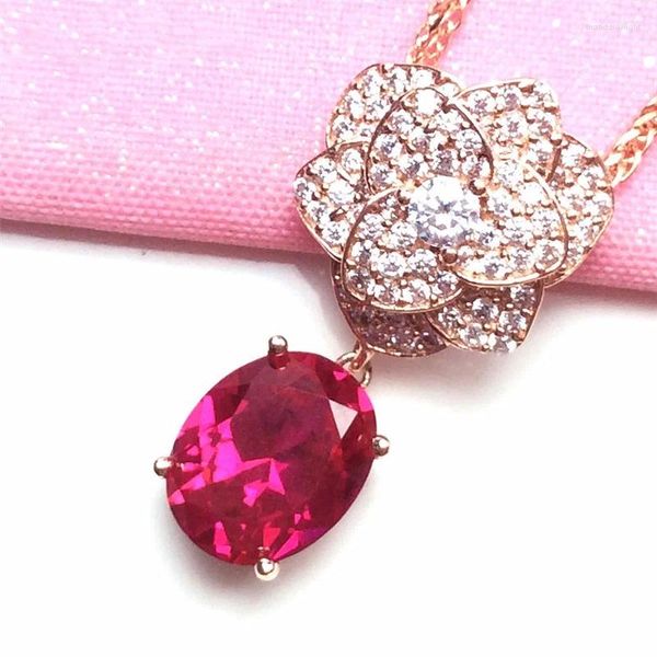 Correntes Showy Red Gemstone Brilhante Flor de Luxo Colar 585 Roxo Banhado A Ouro 14K Rose Nupcial Casamento Pingente Cadeia Jóias