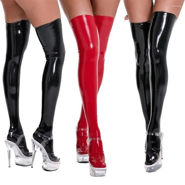 Femmes chaussettes Sexy Look mouillé bas en cuir érotique fétiche haut genou discothèque porter Costume Faux noir rouge