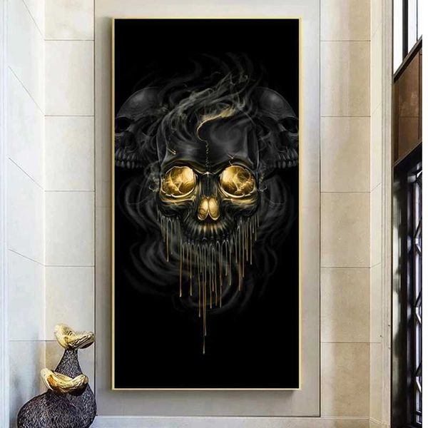 Pinturas Golden Metal Skull Estátua Pintura Abstrata em Canvas Posters e Impressões Wall Art Pictures para Sala de estar Decoração de Casa