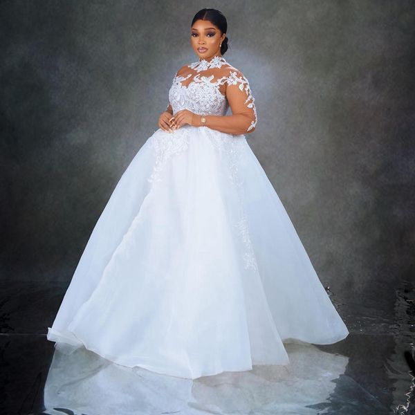 Abiti da sposa Aso Ebi per la sposa Collo trasparente Maniche lunghe Abiti da ballo Principessa Regina Abito da sposa Abito da sposa in pizzo applicato per donne nere africane Matrimonio D121