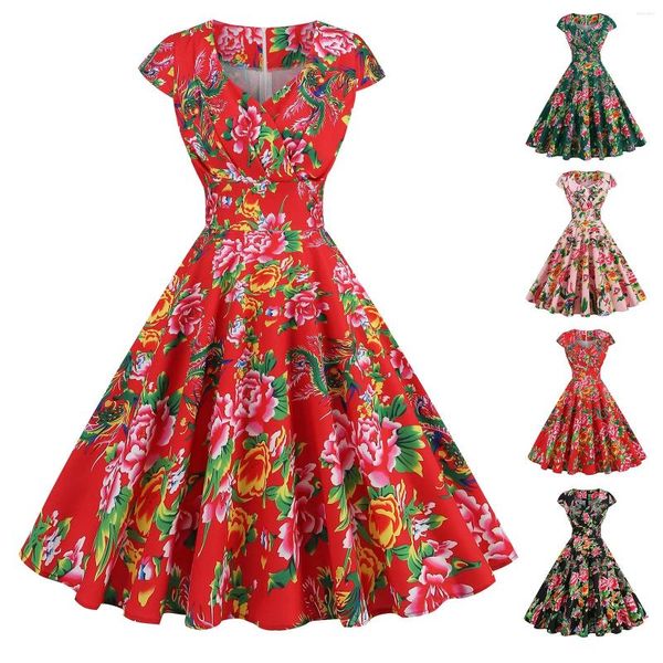 Vestidos casuais mulheres moda chinesa flor vermelha impressão 2024 ano festa retro floral mulheres vestidos com bolsos botão vestido