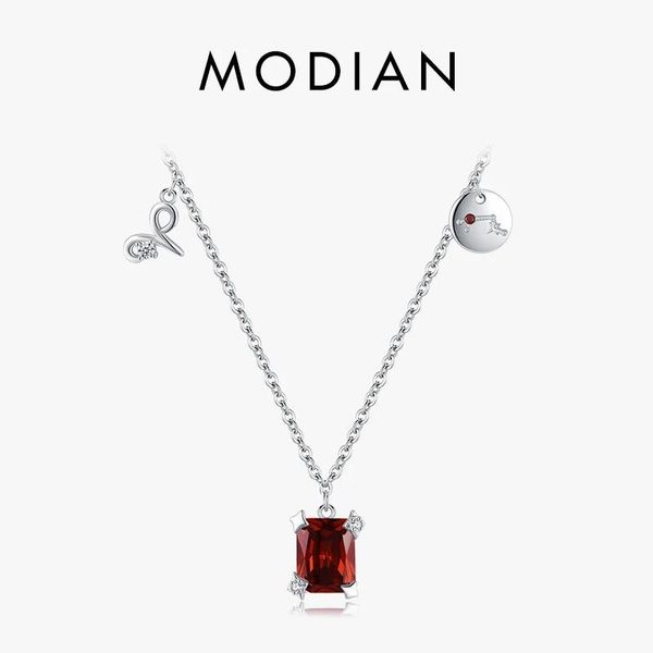 Halsketten Modian 925 Sterling Silber Exquisite Zwölf Konstellationen Roter Zirkonia Widder Halskette Anhänger Für Frauen Edlen Schmuck Geschenke