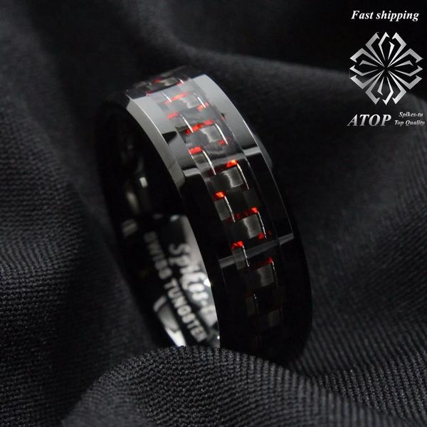 Bandas anel de tungstênio masculino com fibra de carbono 8mm preto e vermelho aliança de casamento masculina frete grátis