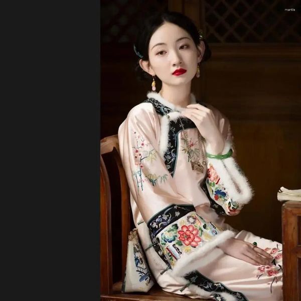 Этническая одежда, повседневное платье в китайском стиле в стиле ретро с цветочным принтом, утолщенное праздничное зимнее платье с большим рукавом, теплое розовое элегантное платье Cheongsam Vestidos 2024