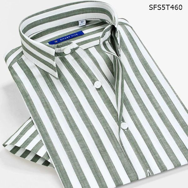 Camisas casuais masculinas inteligentes cinco algodão camisa listrada 2024 manga curta magro ajuste vestido masculino marca importada roupas masculina