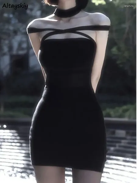 Повседневные платья Черное мини-платье Женское сетчатое сексуальное вечернее платье без рукавов Тонкое летнее платье с открытой спиной Винтажное платье с лямкой на шее Ретро Простое корейское платье