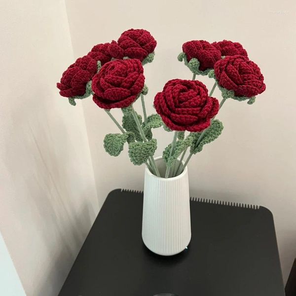 Decoratieve bloemen 1pc Festival Versieren voor vriendin Handgebreide nepbloem Breien Wijn Rode Roos Gebreid Doe-het-zelf Thuis Tafel Creatief