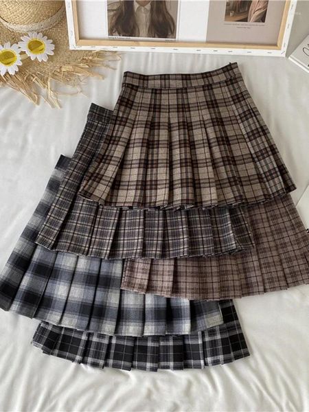 Saias menina faculdade estilo xadrez plissado curto feminino primavera outono cintura alta magro a linha petite saia roupas femininas