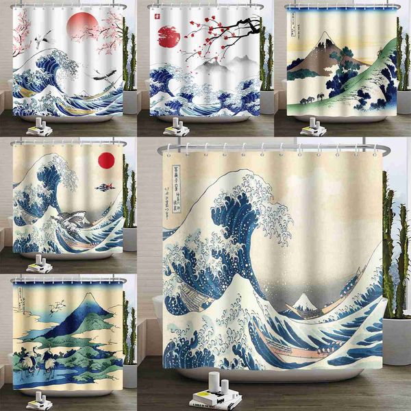 Cortinas de chuveiro japonês a grande onda de kanagawa monte fuji cortinas de chuveiro à prova d'água tecido de poliéster cortina de banheiro com ganchos