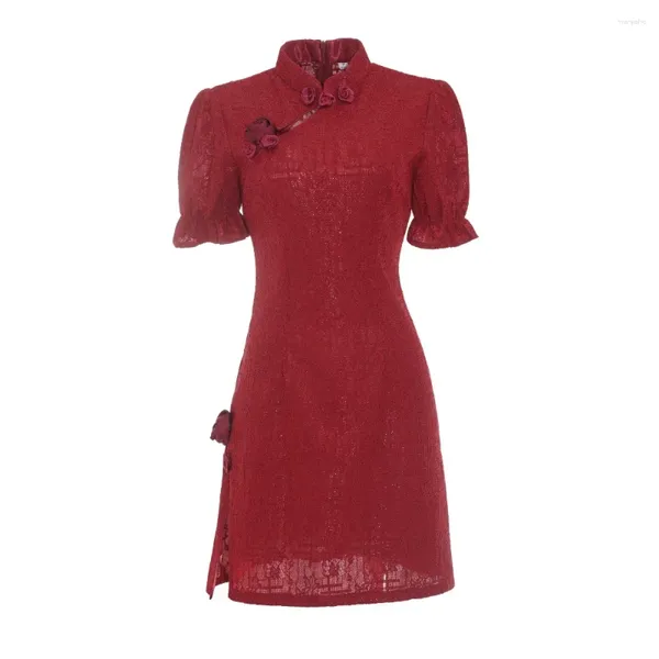 Roupas étnicas Lace Melhorado Jovem Curto Cheongsam 2024 Estilo Chinês Retro Vermelho Festivo Brinde Sexy Qipao Vestido