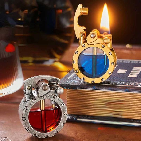 Feuerzeuge Neue transparente Kraftstofftank Metall Rocker Kerosin Feuerzeug Retro kreative Taschenuhr Form Herren Geschenk Zigarettenanzünder Großhandel YQ240124