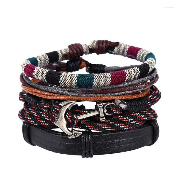 Charme pulseiras vintage tecido navio âncora corrente de couro mão corda pulseira de couro genuíno multi-camada conjunto de navegação