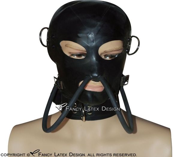 Zwart Sexy Latex Kap Met blinddoek Rits Op Terug Beademingsslang Open Mond Neus Ogen Rubber Masker 01129219597