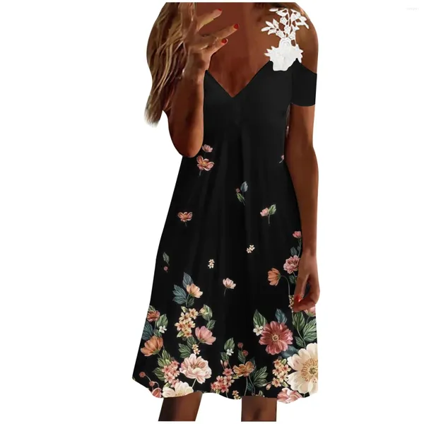 Vestidos casuais vintage laço guarnição floral impressão mudança vestido para mulheres estilingue manga curta sexy verão férias praia senhora vestidos