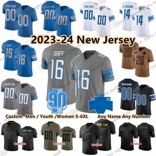 Jared Goff Custom 2023 Football Champion Patch Jerseys 26 Jahmyr Gibbs 14 Amon-Ra St.