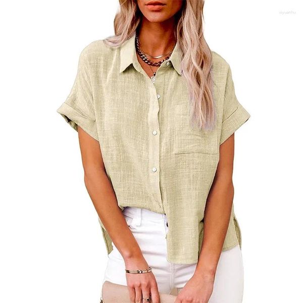 Damenblusen Damen Sommer Einfarbige Leinenbluse Baumwolle Kurzarmhemd Weiblich Einreihig Umlegekragen Vintage Button Top