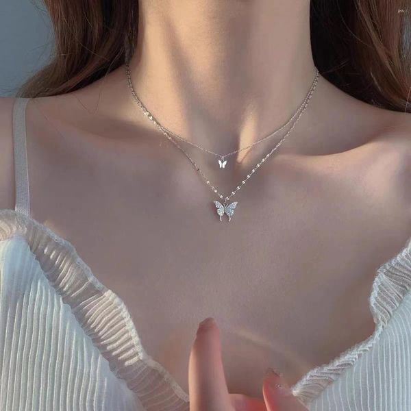 Anhänger Halsketten Doppel Schmetterling Luxus Fee Kristall Für frauen Mode Koreanische Silber Farbe Freundin Geschenk Schmuck KBN022