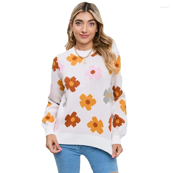 Suéter feminino outono malha fio pulôver suéter para mulheres estilo doce flor estampa quente manga comprida top