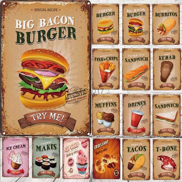 Metall Malerei Fast Food Menü Metall Zinn Zeichen Sand Eis Burger Restaurant Poster Home Küche Eisen Platte Wandbild Cafe wand Dekor Plaque