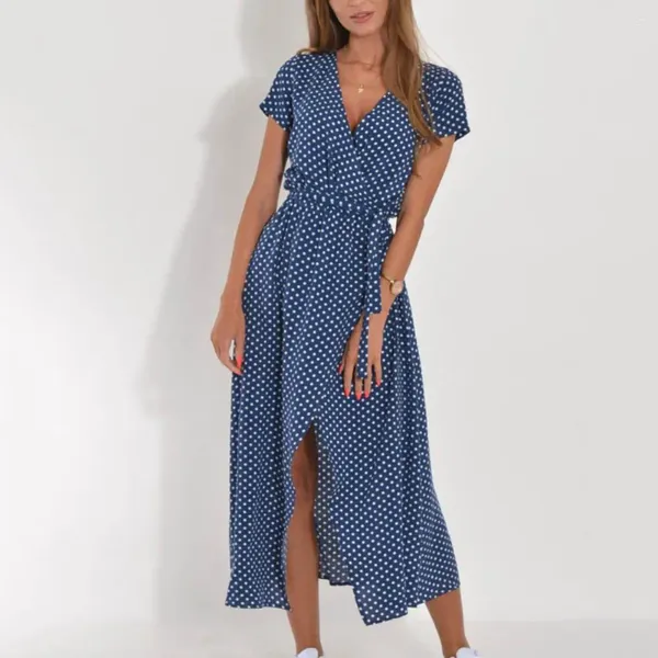 Abiti casual Abito longuette da donna Scollo a V Stampa floreale Manica corta Diviso Vita stretta Dress-up Stringata Alta Estate Spiaggia Donna Clo