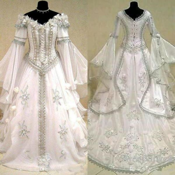 2020 Ortaçağ Gelinlik Cadı Celtic Tudor Rönesans Kostümü Victoria Gotik Omuz Uzun Kollu Düğün Gelin 256y