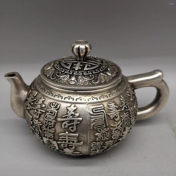 Bottiglie di raccolta Cina pregevole fattura argento tibetano scultura in rame bianco 'Parola di longevità' bollitore in metallo artigianato decorazione della casa