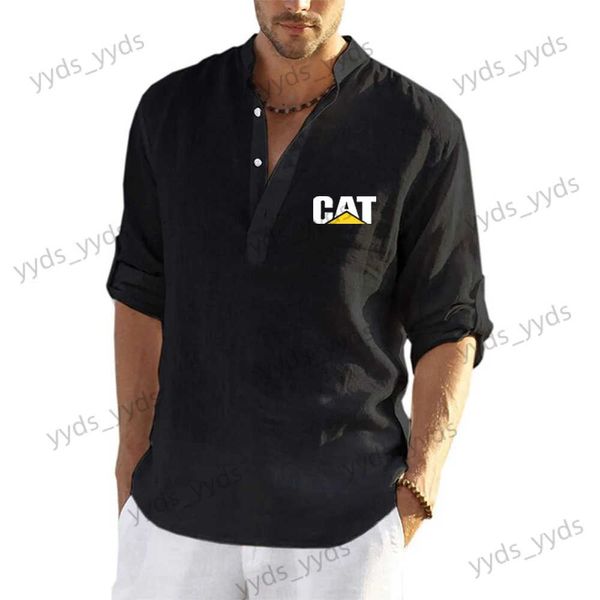 Felpe con cappuccio da uomo 2023 Nuova estate CAT Caterpillar Stampa cotone lino coulisse scollo a V design manica lunga Top tinta unita camicia casual alla moda T240124