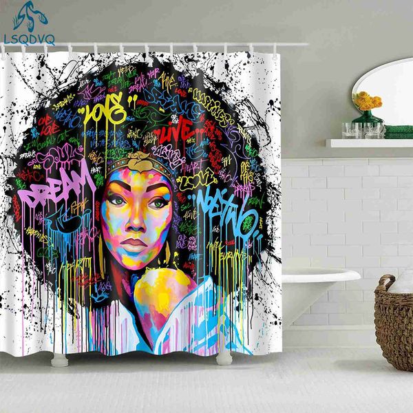 Tende da doccia Afro-Americana Afro Black Girl Women Art Design Graffiti Art Tende da doccia per bagno Poliestere impermeabile con ganci