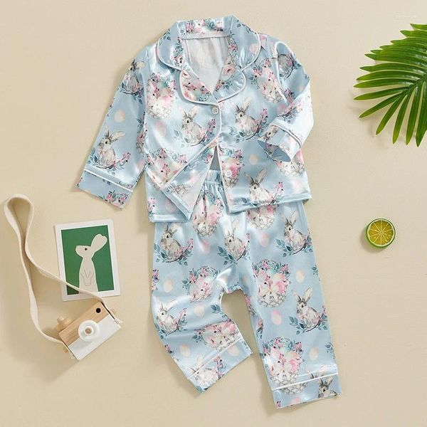 Kleidungssets Kleinkind Baby Mädchen Junge Satin Seide Pyjama Set Langarm Button-Down-Hemd Tops Hosen Nachtwäsche Ostern Pjs