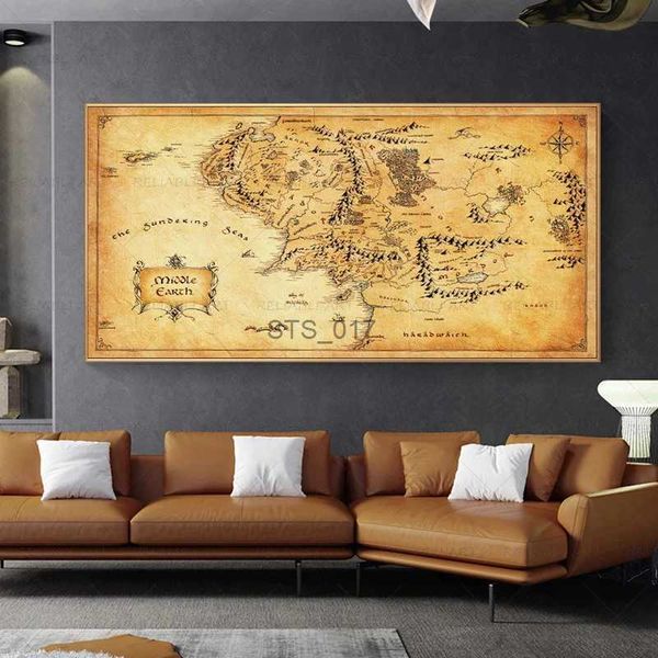 Gemälde Retro Der Herr der Ringe Karte Leinwand Gemälde Vintage Mittelerde Karte Poster Film Wandkunst Bilder für Zuhause Wohnzimmer Dekor