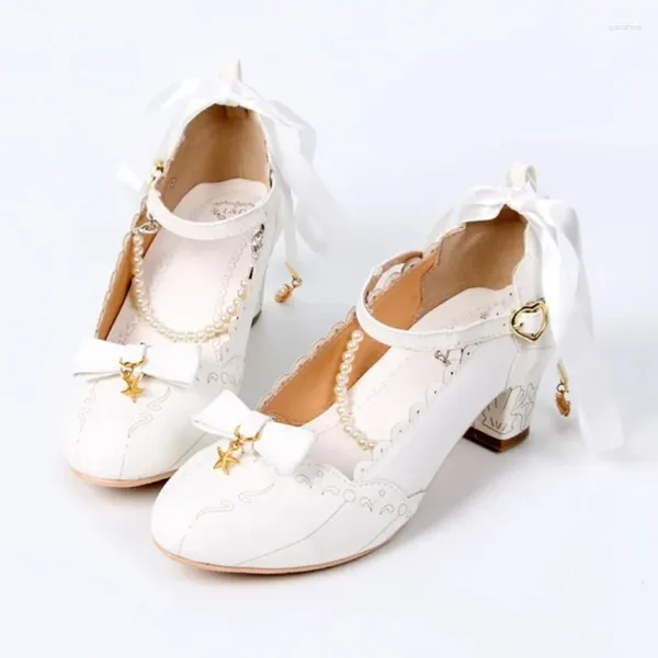 Sapatos de vestido Harujuku doce lolita pérola corrente bowknot estrela do mar concha princesa kawaii cabeça redonda sandálias mulheres loli wear