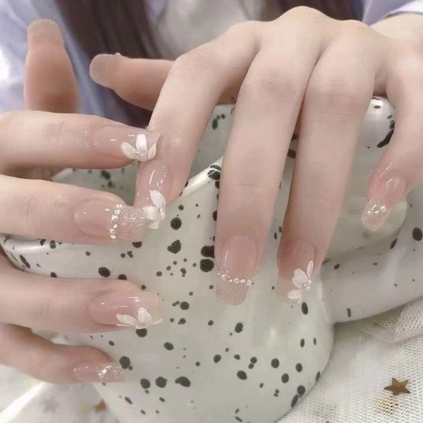 Unhas falsas wearable manicure francês falso moda comprimento médio cabeça quadrada imprensa na cobertura completa strass prego feminino