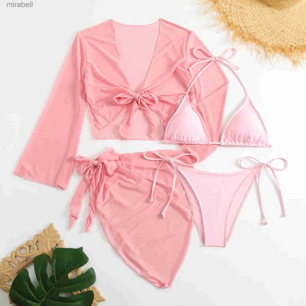 Damen-Bademode, rosa Micro-Mini-String-Bikini-Sets für Damen, 4-teilig, mit Mesh-Abdeckung, Oberteilen und Rock, Badeanzug, Badeanzug, Strand-Outfits, Biquini, YQ240124