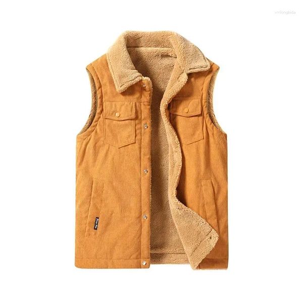 Coletes masculinos 2024 Vintage Workwear Corduroy Colete Engrossado Cordeiro Fleece Grande Tanque Casual Casaco Versátil