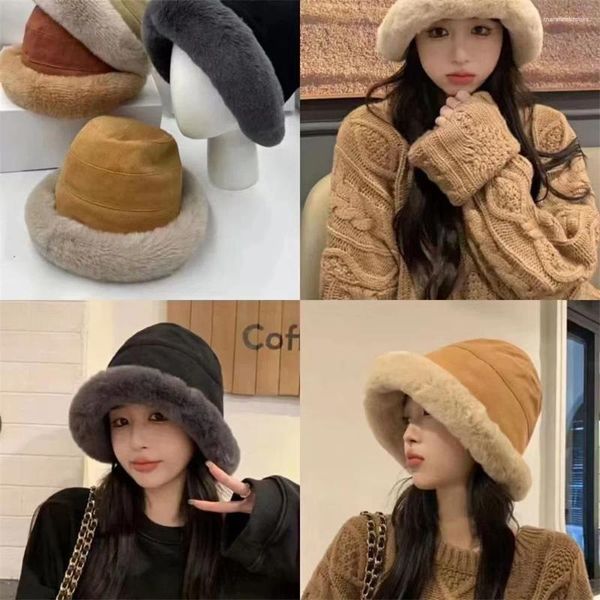 Berets Winter Plus Samt Lamm Haar Weibliche Eimer Hut Straße Schießen Casual Breite Krempe Warme Plüsch Topf Für Internet Prominente