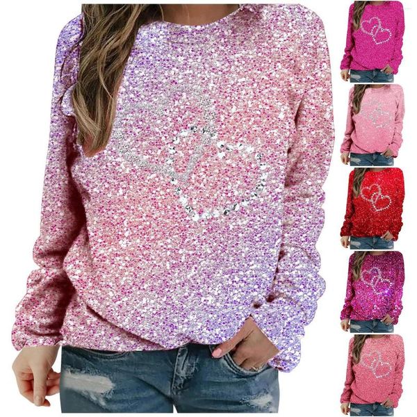 Hoodies femininos primavera outono e verão amor impresso brilhante glitter sem capuz manga longa roupas de treino completo para vestuário feminino curto