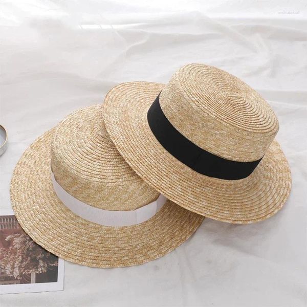 Boinas simples verão mulheres larga borda chapéu de palha moda chapeau paille senhora chapéus de sol boater trigo panamá praia chapeu feminino bonés