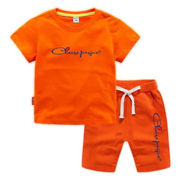 Ternos de verão de 0 a 13 anos de meninos da marca Menina Carta impressa 100% algodão laranja camisetas esportes shorts 2pcs Conjuntos de trajes casuais de conforto infantil