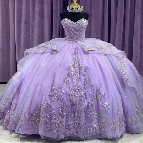 Lavanda fuera del hombro dulce 16 vestidos para fiesta de graduación apliques de encaje cuentas Tull Vestido de baile Vestido para quinceañeras Vestido 15 batas