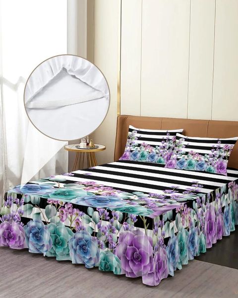 Saia de cama suculentas listras aquarela planta flor colcha equipada com fronhas capa de colchão conjunto de cama folha