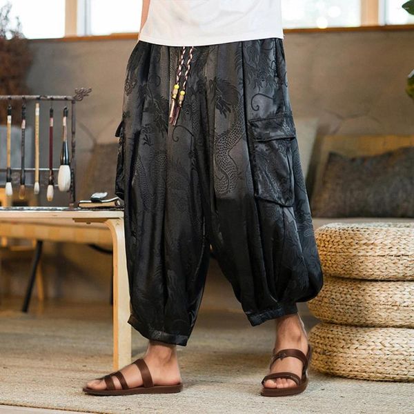 Мужские брюки, винтажная летняя одежда в японском стиле, ледяной шелк, темный цветок, ретро, редис, мужские модные свободные пляжные брюки