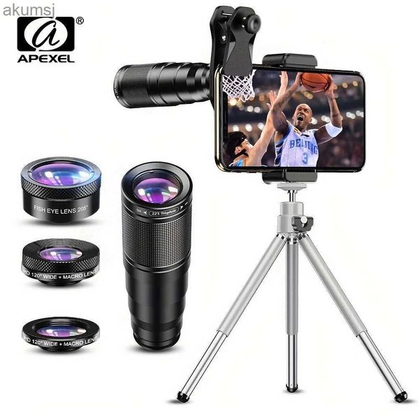 Teleskoplar Apexel 22x Telefon Kamera Lens Kiti 4 İç 1 Teleskop Zoom Makro Objektif Balık gözü iPhone Samsung için Geniş Açılı Lente Diğer Akıllı Telefonlar YQ240124