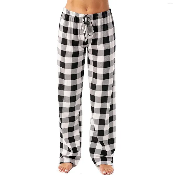 Calças femininas senhoras xadrez impresso pijama casual corda elástica cordão perna reta calças soltas para roupas femininas