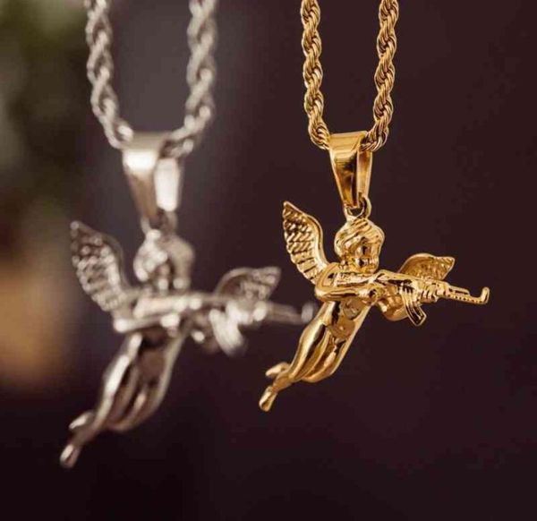 Hiphops joias masculinas cupidos anjo pingente 18k corrente de corda dourada 316l aço inoxidável 3d anjo com arma colar a221563998