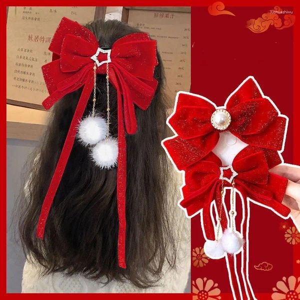 Acessórios de cabelo Bebê Ano Hairpins Arco Vermelho Longo Fita Princesa Meninas Headwear Clipes Coreano Bonito Pompom Crianças Presentes