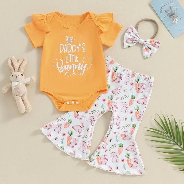 Set di abbigliamento Born Baby Girl Pasqua 3 pezzi Completo a maniche corte Pagliaccetto Pantaloni svasati Pantaloni a zampa d'elefante con coda 0-18 mesi